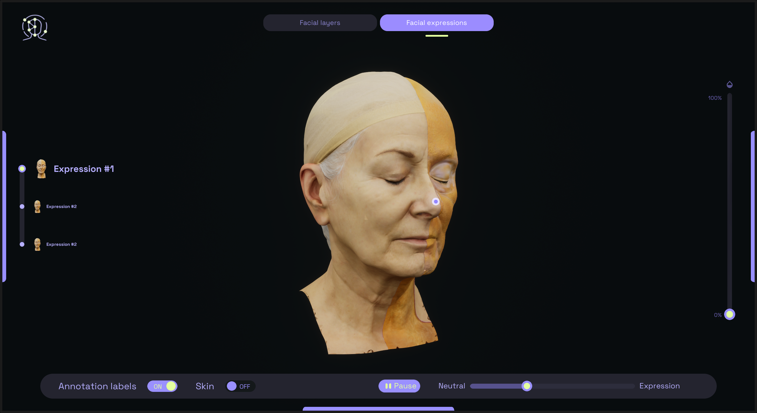Facial expression viewer with animation and anatomy controls