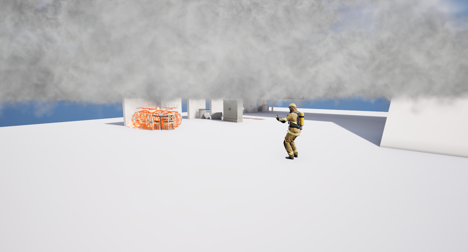 Firefighter character, fire actors and spreading smoke in the FFTS VR test environment