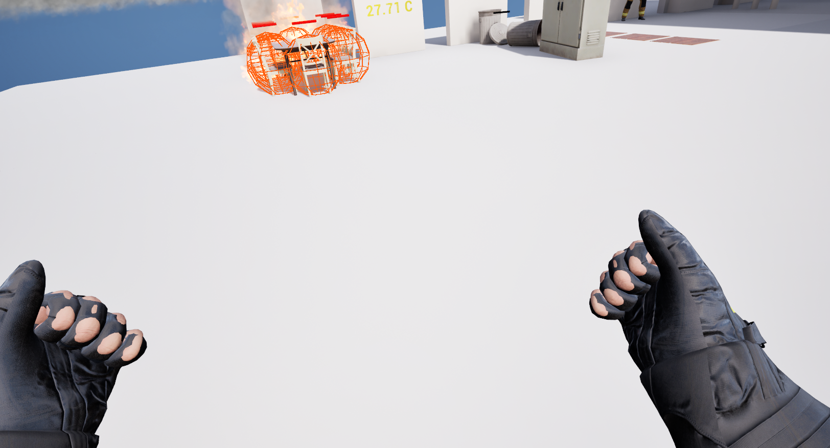 First-person VR hands and fire simulation in the FFTS VR test environment
