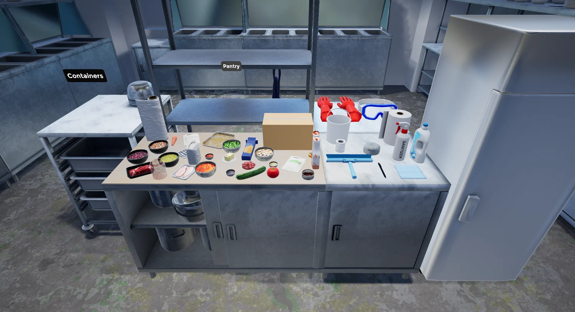 Commercial kitchen assessment area with food, cleaning and safety items